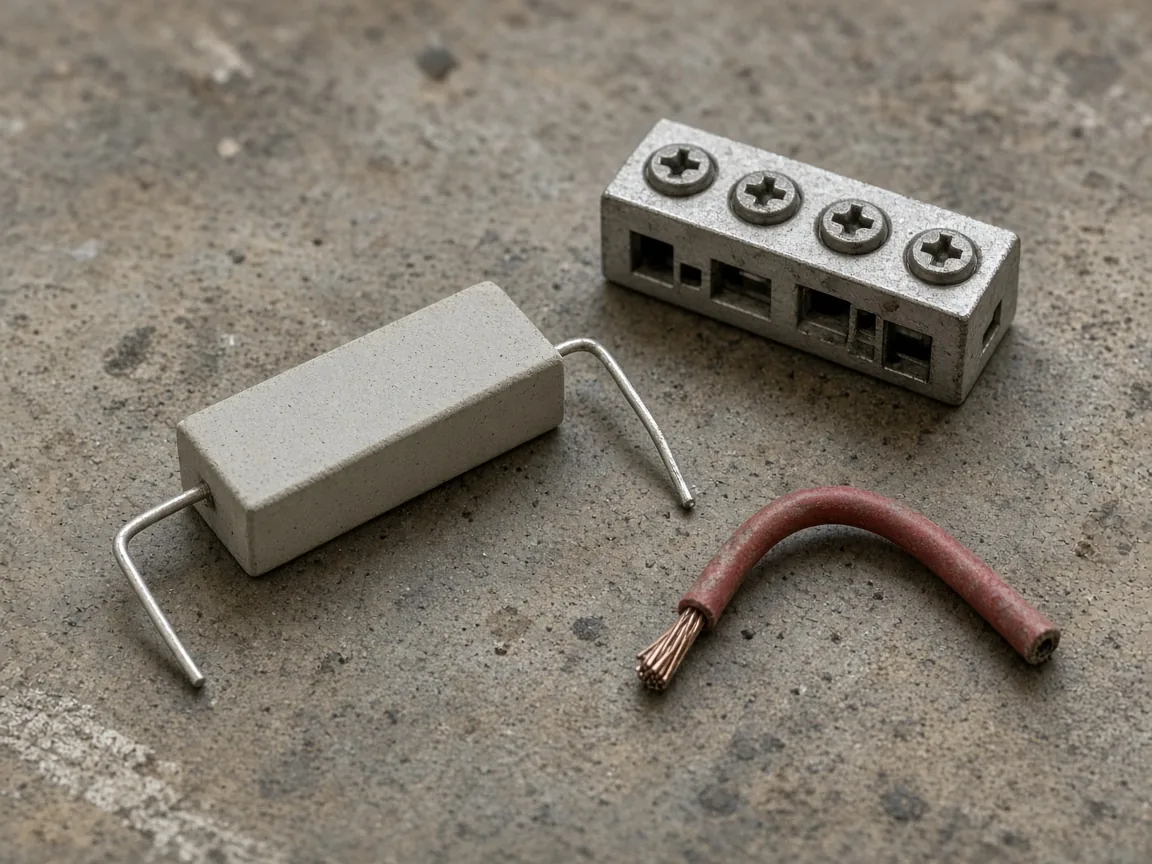 A blank ceramic resistor, a screw terminal block, and a short red wire on a bench