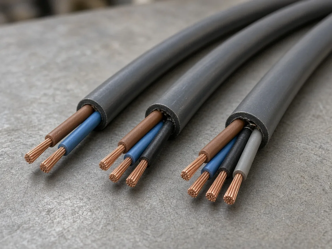 Three cut cables with stripped copper ends on a metal bench