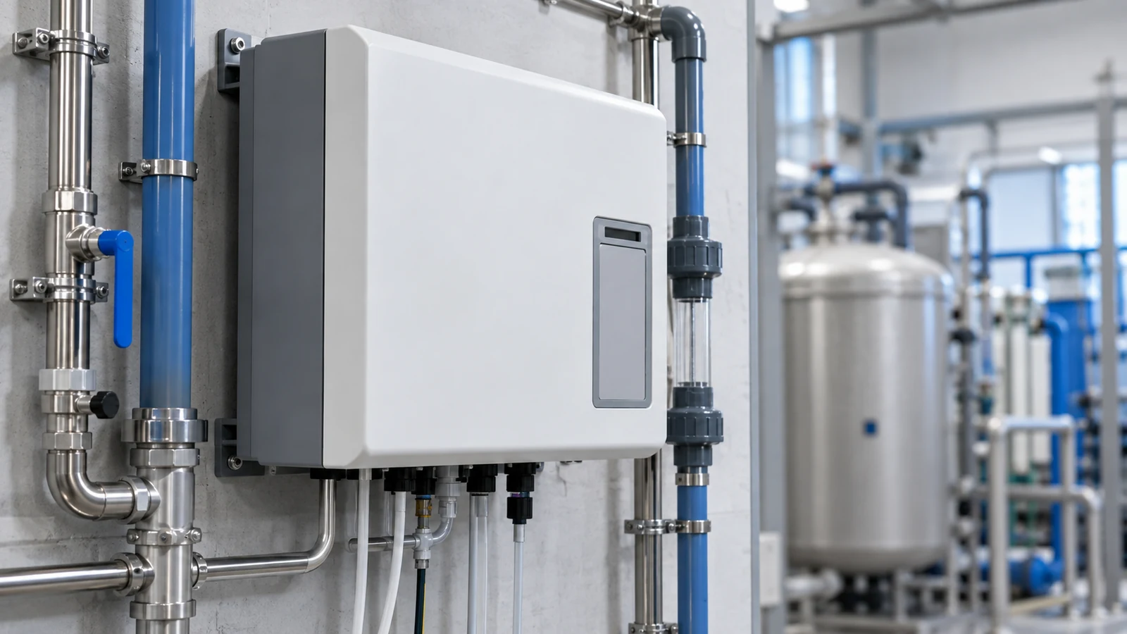 Illustration of a compact online water analyzer cabinet beside treatment-plant pipework with sample tubing