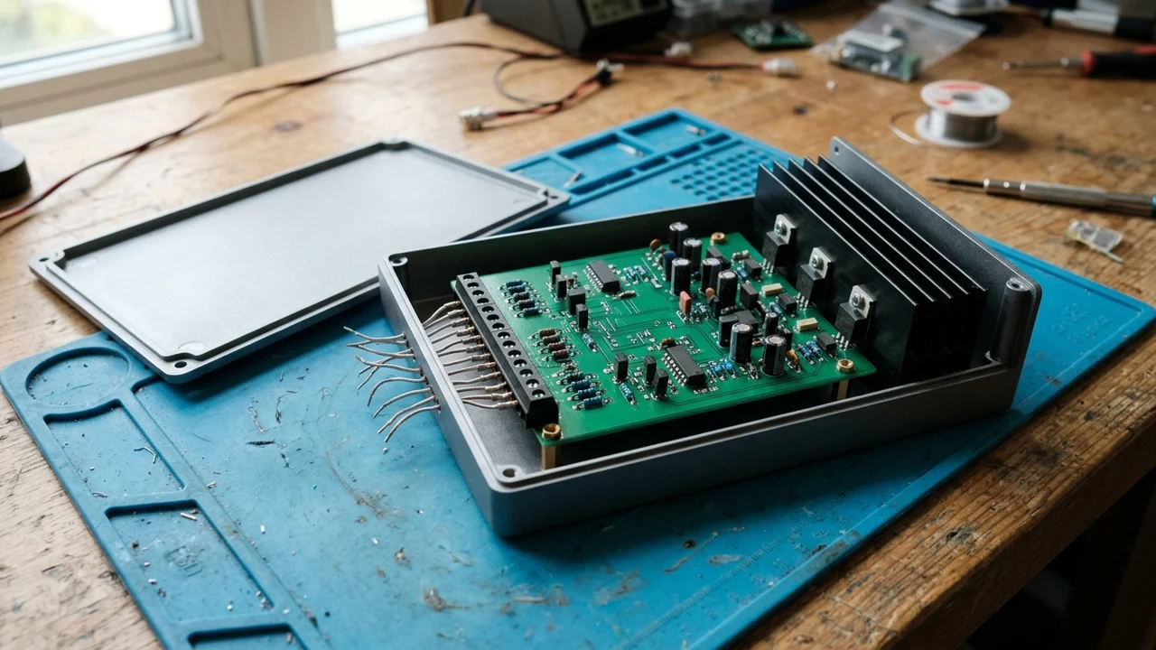An open electronics enclosure contains a terminal strip and a circuit board with a metal heat sink