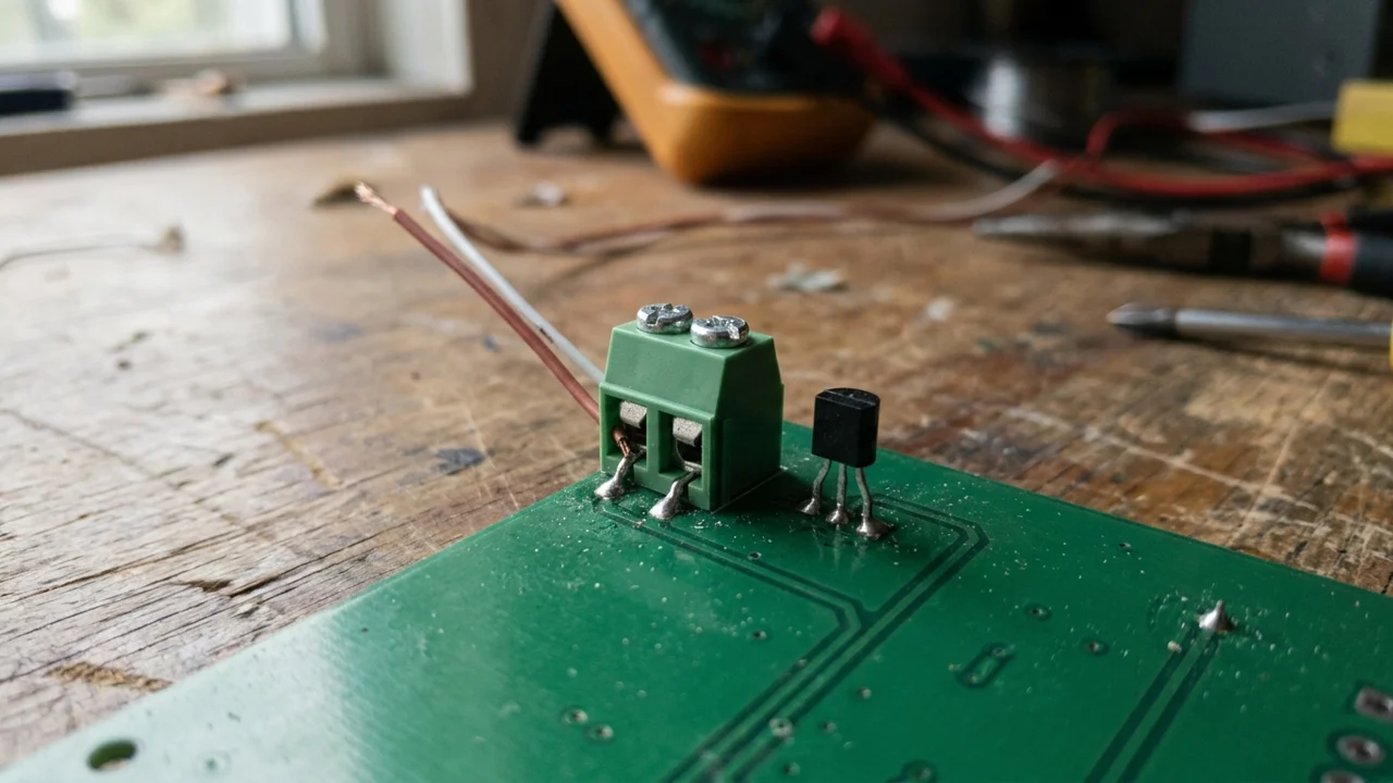 A green screw terminal and a small black component beside thin insulated wires on a circuit board