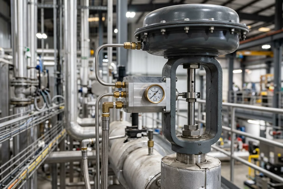 Industrial pneumatic volume booster mounted between a digital positioner and actuator on a control valve.