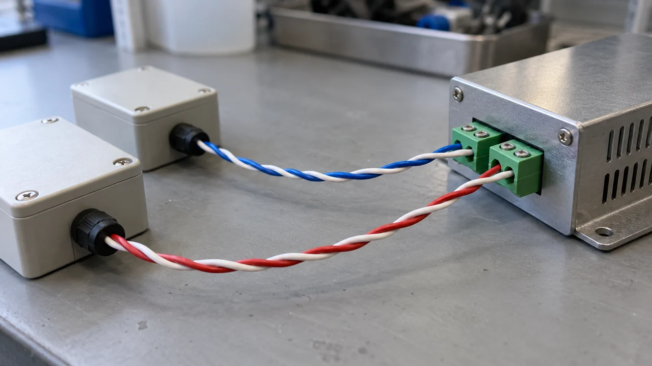 Blue and white and red and white twisted wire pairs joining separate enclosures to green terminals