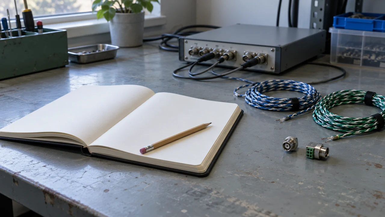 An open blank notebook, pencil, coiled wire pairs, and connector adapters on a bench