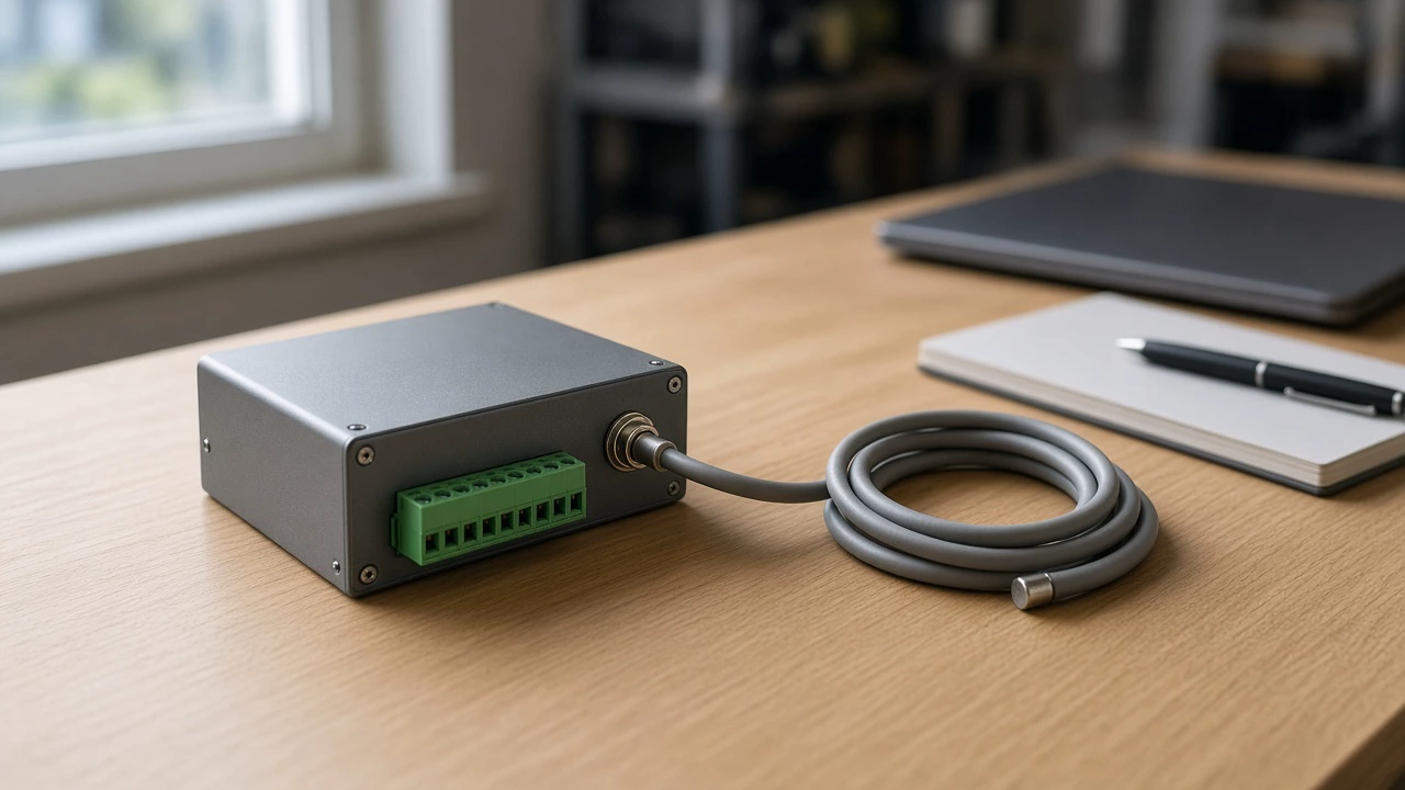 Illustration of a workbench with a data-acquisition module and a coiled signal cable