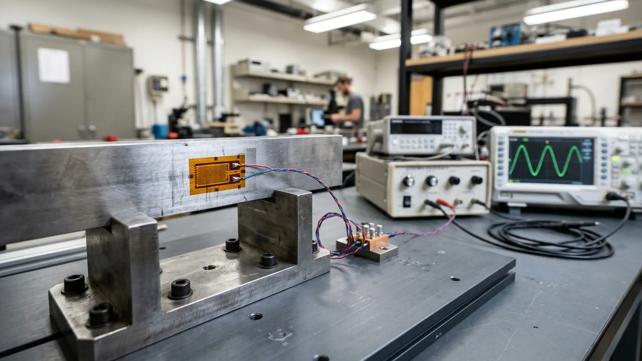 Metallic test beam in a laboratory fixture instrumented with a bonded foil strain gauge and fine terminal leads beside a bridge readout and oscilloscope