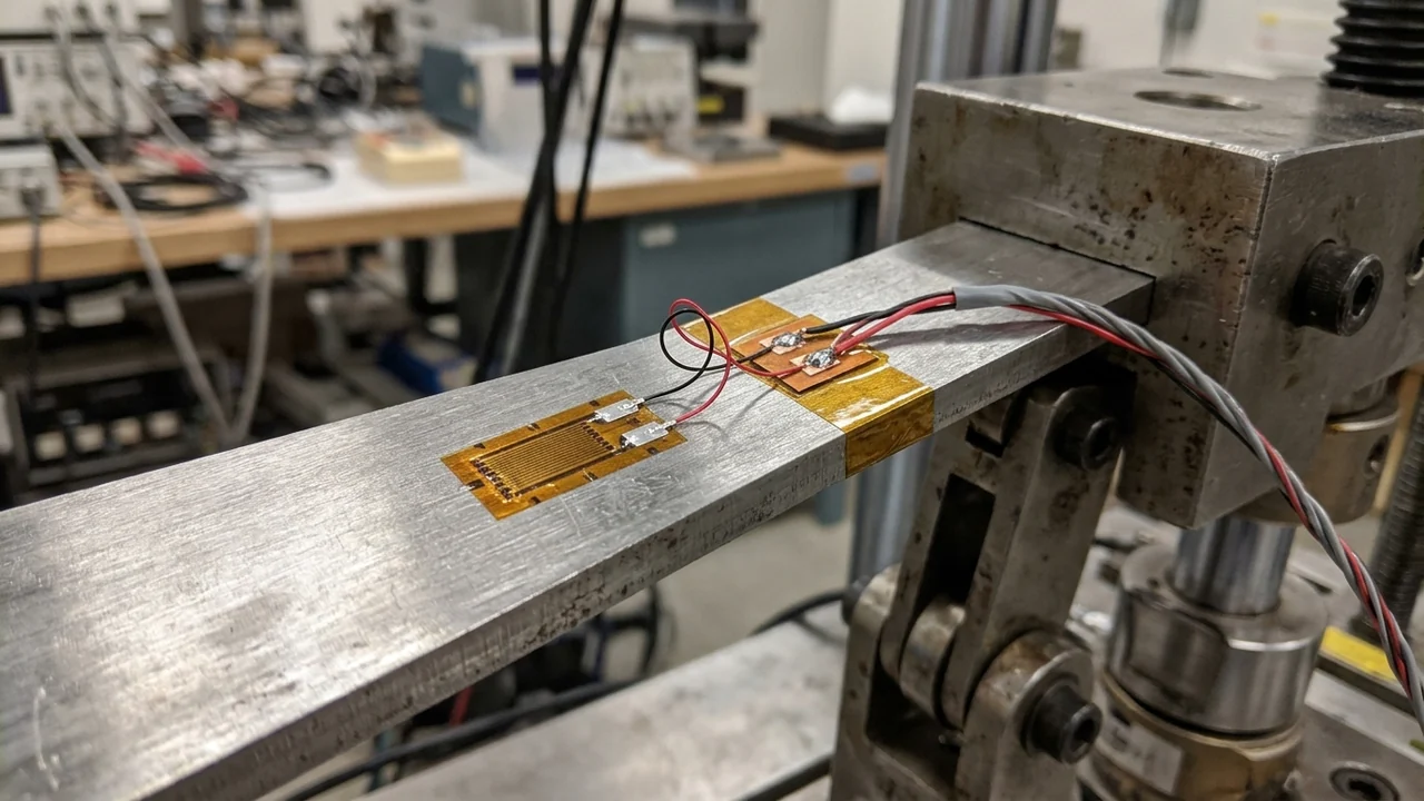 Close-up of a tapered constant-stress metallic cantilever test beam mounted in a cyclic flexural fatigue fixture with a bonded polyimide foil strain gauge, S-curved jumper wires, amber polyimide restraint tape, and a bonded intermediate terminal strip