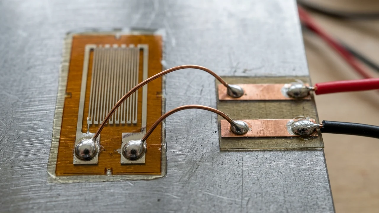 Macro view of a bonded metallic foil strain gauge on finely sanded steel showing a thin transparent adhesive margin, small solder dots restricted to the bottom third of the solder tabs, arched fine jumper wires, and an adjacent two-pad bondable terminal strip