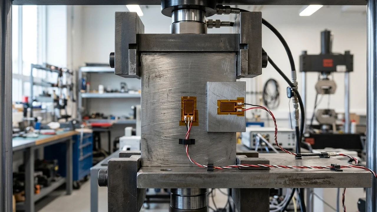 Static structural load-hold test setup on a thick machined steel plate specimen with an active amber polyimide foil strain gauge along the load axis and an adjacent unstrained steel thermal-compensation block carrying a matching dummy foil gauge
