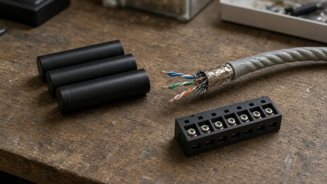 Three plain black cells, a stripped foil cable, and a screw terminal block on a wooden bench