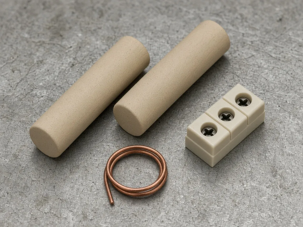 Two unmarked beige cylinders, a coil of bare copper, and a small terminal block on a gray bench