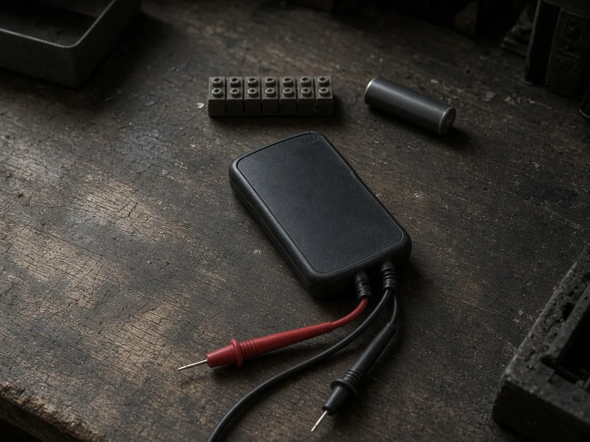 A dark meter face down with red and black leads, a terminal strip, and one plain cell
