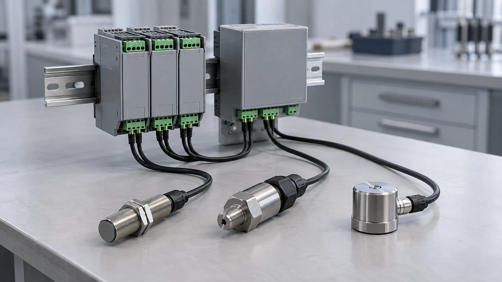 Illustration of several industrial sensors wired to a compact I/O module and gateway on a DIN rail