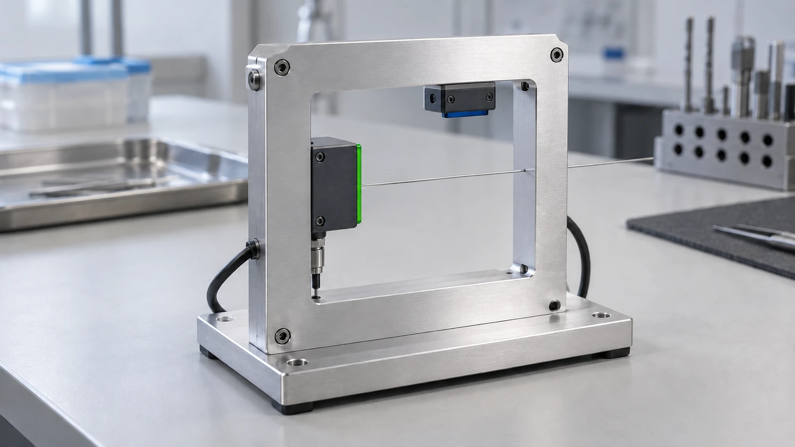 Illustration of a two-axis optical gauge frame with a fine wire passing through its measuring field