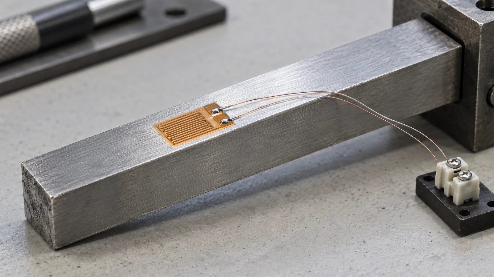 Illustration of a foil strain gauge bonded to a metal test beam with fine lead wires