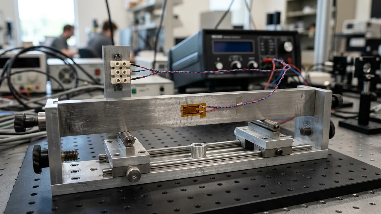 Bonded metallic foil strain gauge on a machined steel calibration beam with twisted copper lead wires connected to a benchtop bridge readout