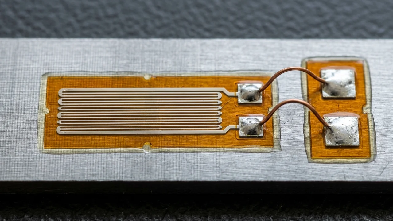 Macro photograph of a bonded metallic foil strain gauge on a metal bar showing parallel longitudinal gridlines, transverse turnaround end loops, and solder tab jumpers