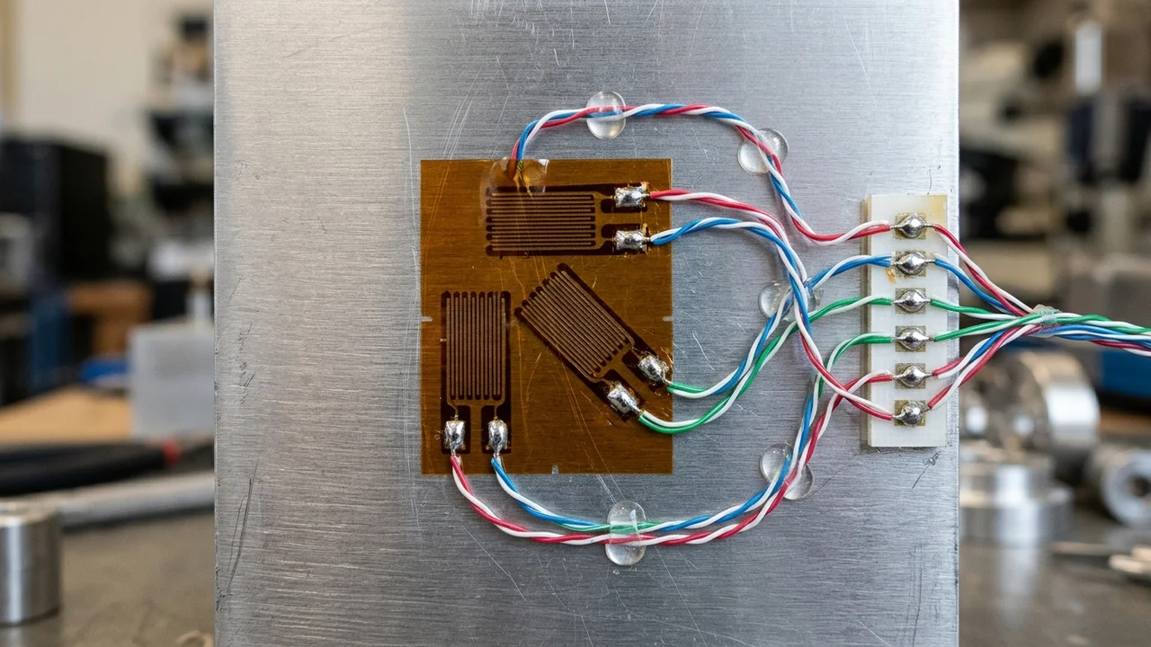 Foil strain gauge rosette bonded to a flat metal plate with three pairs of lead wires routed to a terminal strip