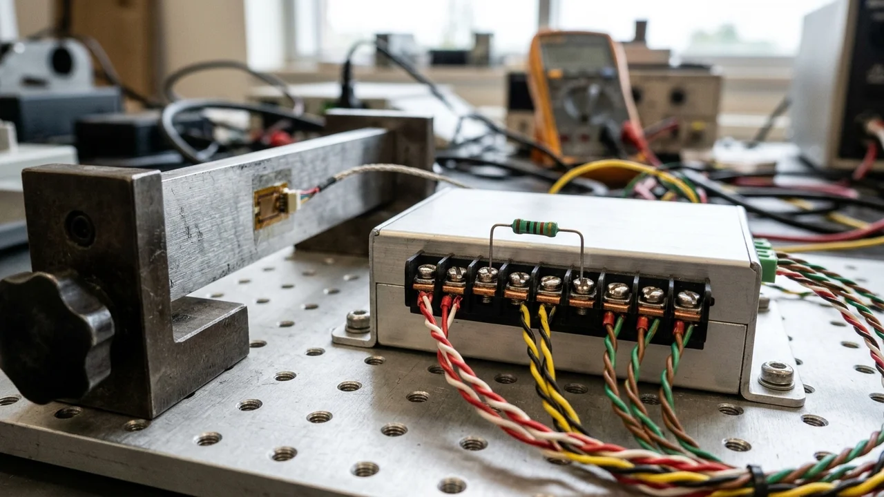 Strain gauge Wheatstone bridge conditioning terminal block with shielded lead wires and a precision shunt resistor beside a clamped steel test beam