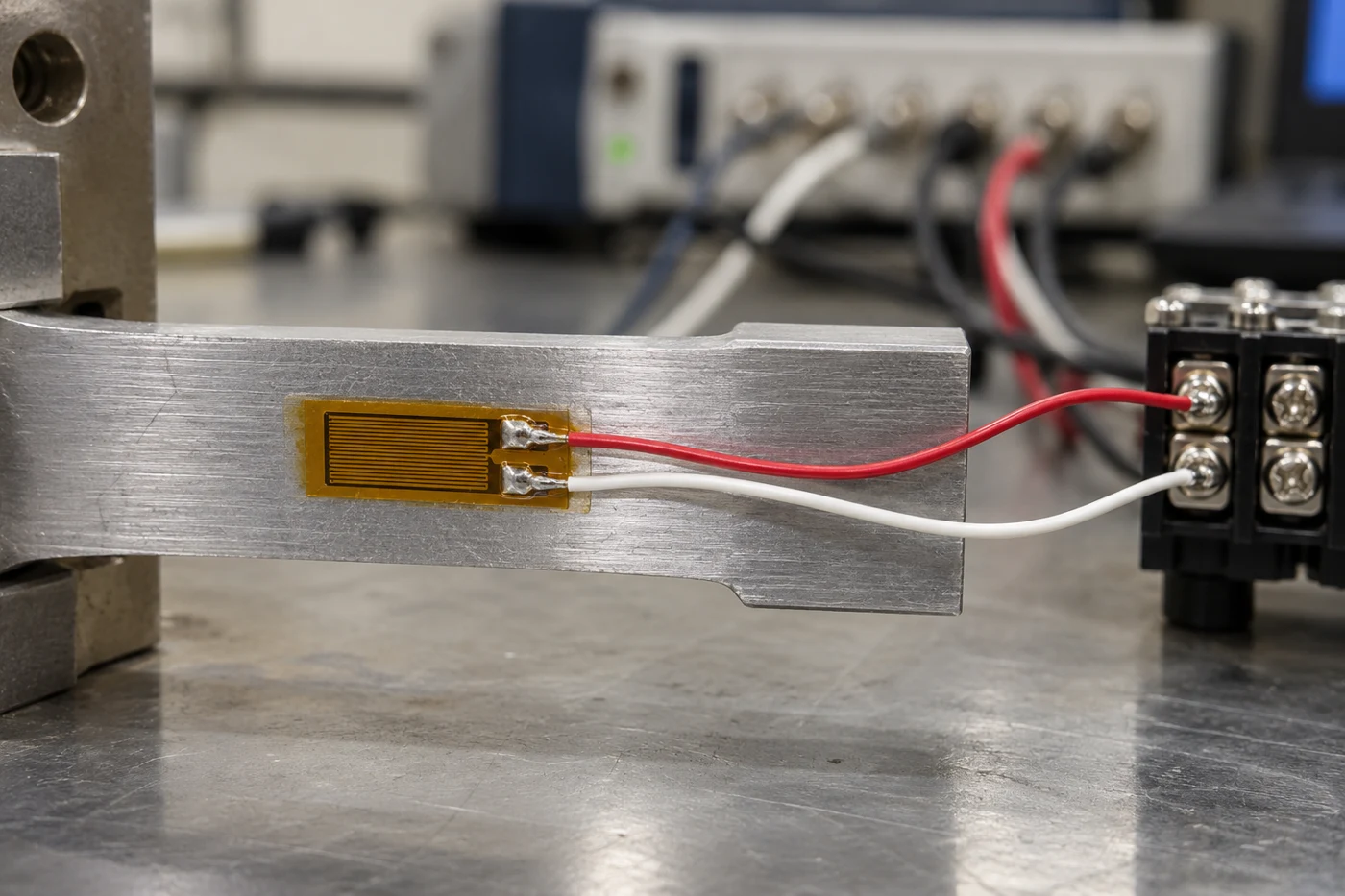 Foil gauge on a metal coupon with lead wires running to a terminal strip