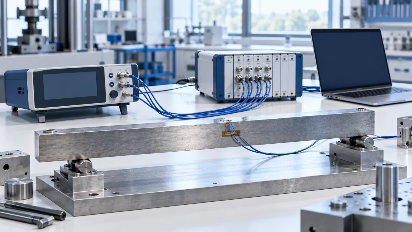 Laboratory bench with a readout instrument, modular chassis, laptop and metal beam