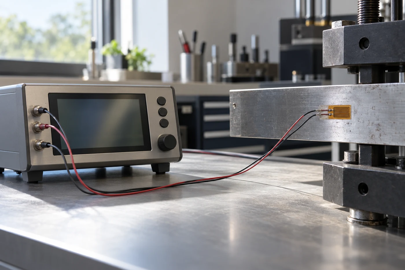 Benchtop readout beside a clamped metal beam and foil gauge