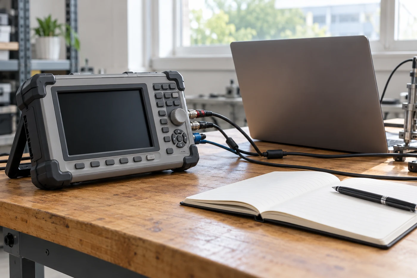 Portable measurement instrument beside a laptop and open notebook
