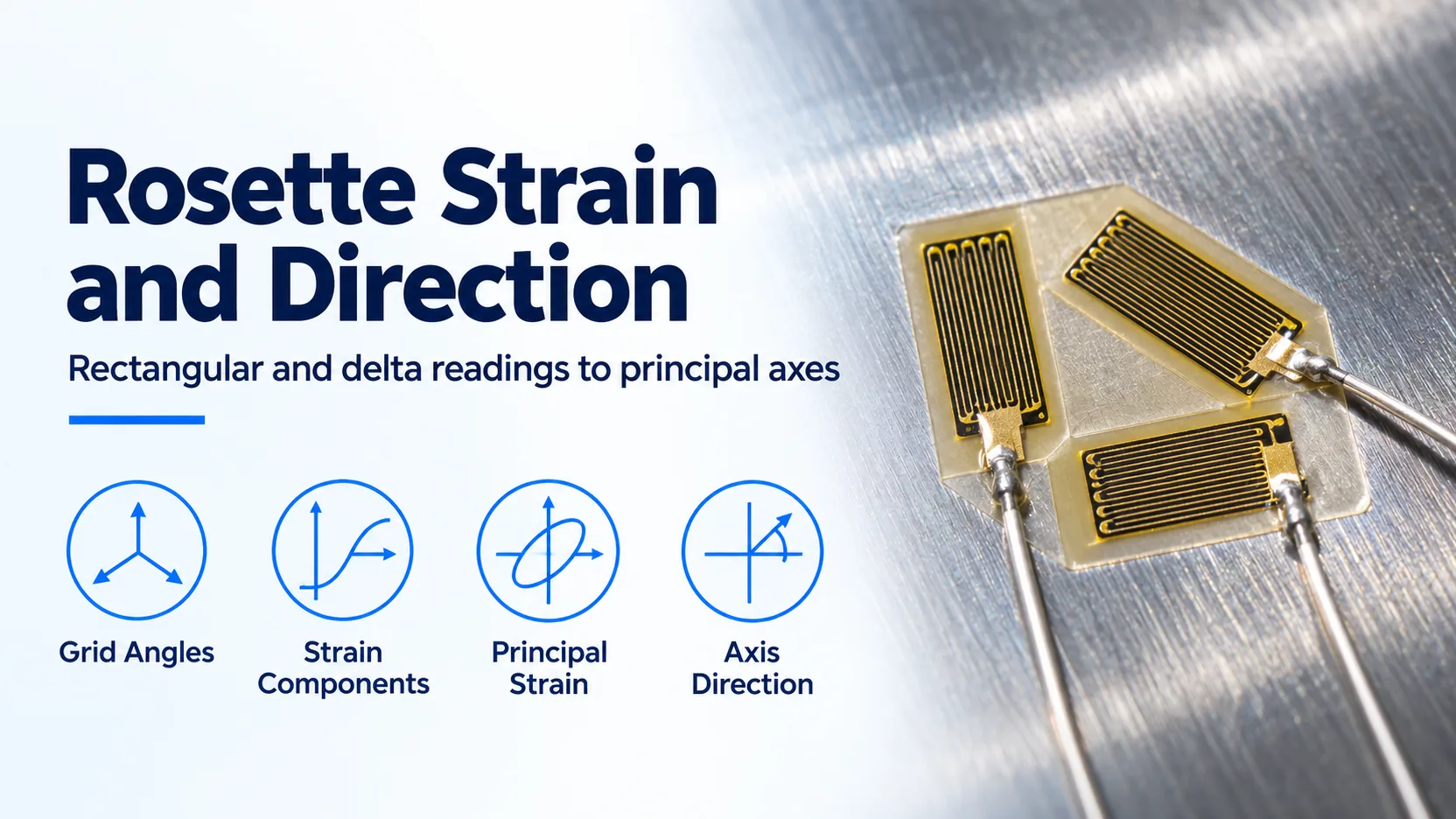 Rosette banner labeled Grid Angles, Strain Components, Principal Strain and Axis Direction