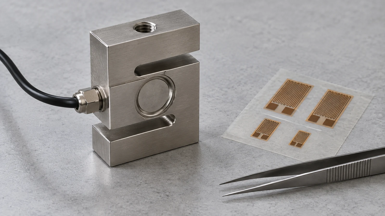 Illustration of a metal load cell next to a small foil strain gauge on a test bench