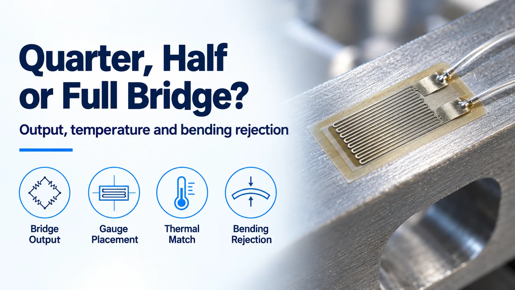 Bridge comparison banner labeled Bridge Output, Gauge Placement, Thermal Match and Bending Rejection