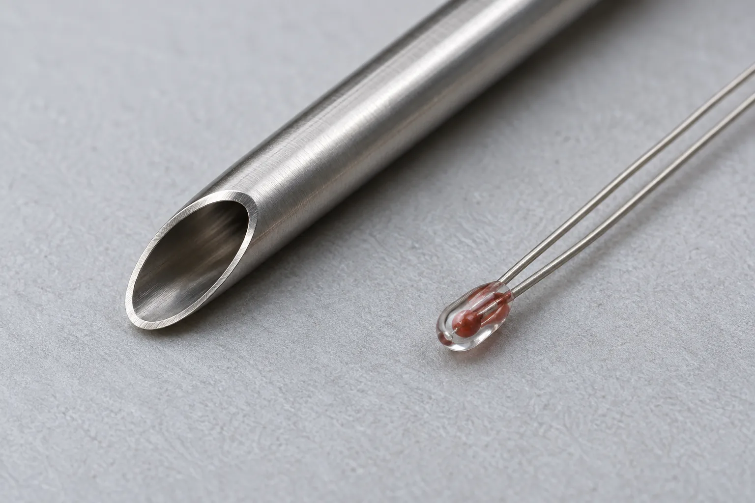 A stainless probe tip beside a small glass bead with two bare leads on a gray mat.