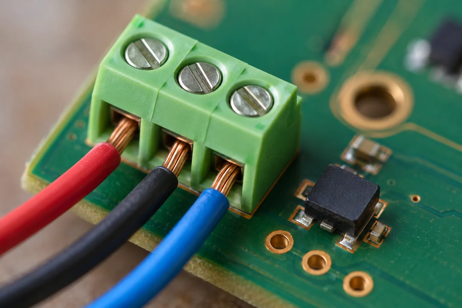 Copper wires landed in a green screw terminal beside a small black sensor package.