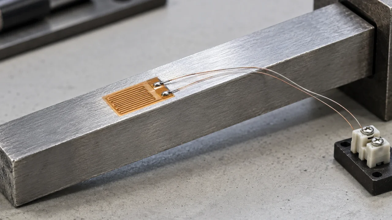 A foil strain gauge bonded to a machined steel beam with fine copper leads routed to a two-screw ceramic terminal block