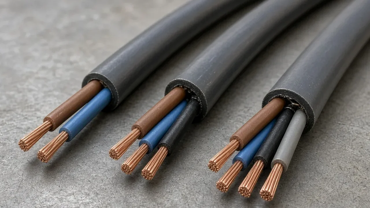 Close-up of stripped two-conductor, three-conductor, and four-conductor grey sensor cables showing matched stranded copper cores on a metal bench