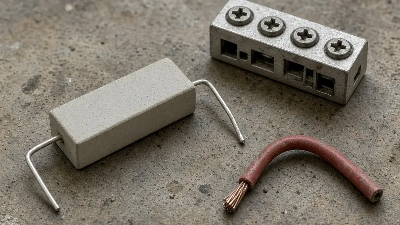 An unmarked ceramic axial resistor, a four-position metal screw terminal block, and a short copper jumper wire on a workbench